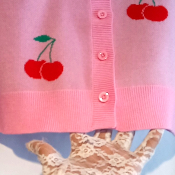 PINK Button Down Cardigan w/🍒🍒🍒 - Picture 11 of 14